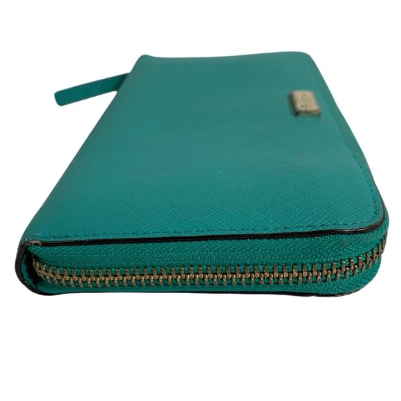 Kate Spade New York Teal Leather Zip-Around Wallet Gold Logo Hardware Womens - Picture 3 of 13